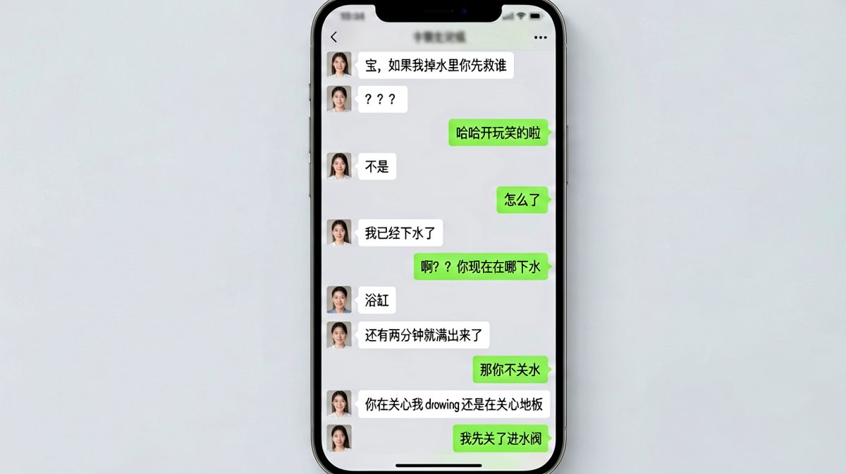 男生问经典送命题，女生回复说已经在浴缸里了，让男生选关心她还是关心地板