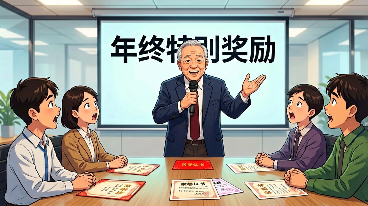 老板宣布年终奖励丰厚，结果是一摞证书加一张咖啡优惠券。