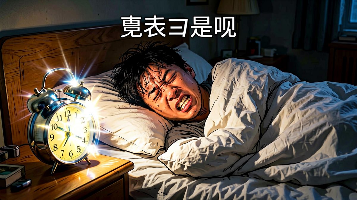第一格：闹钟响起，小明痛苦地蜷在被子里不愿起床