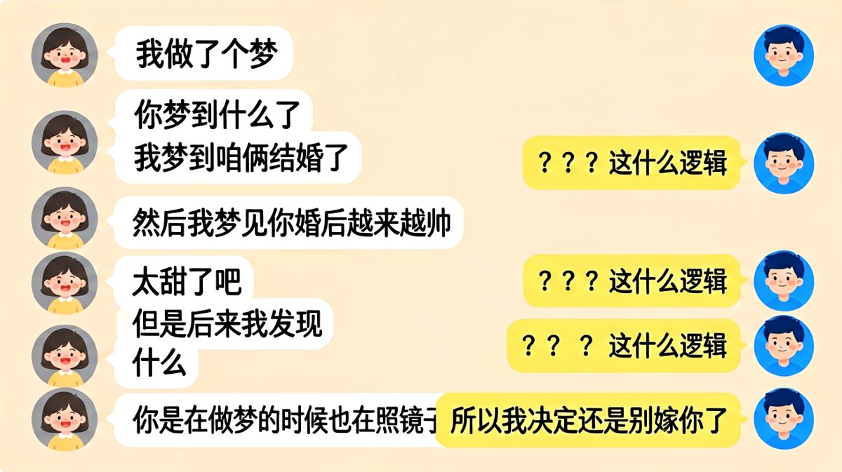 女生讲了一个「男友婚后变帅」的梦，最后反转把婚事给否了