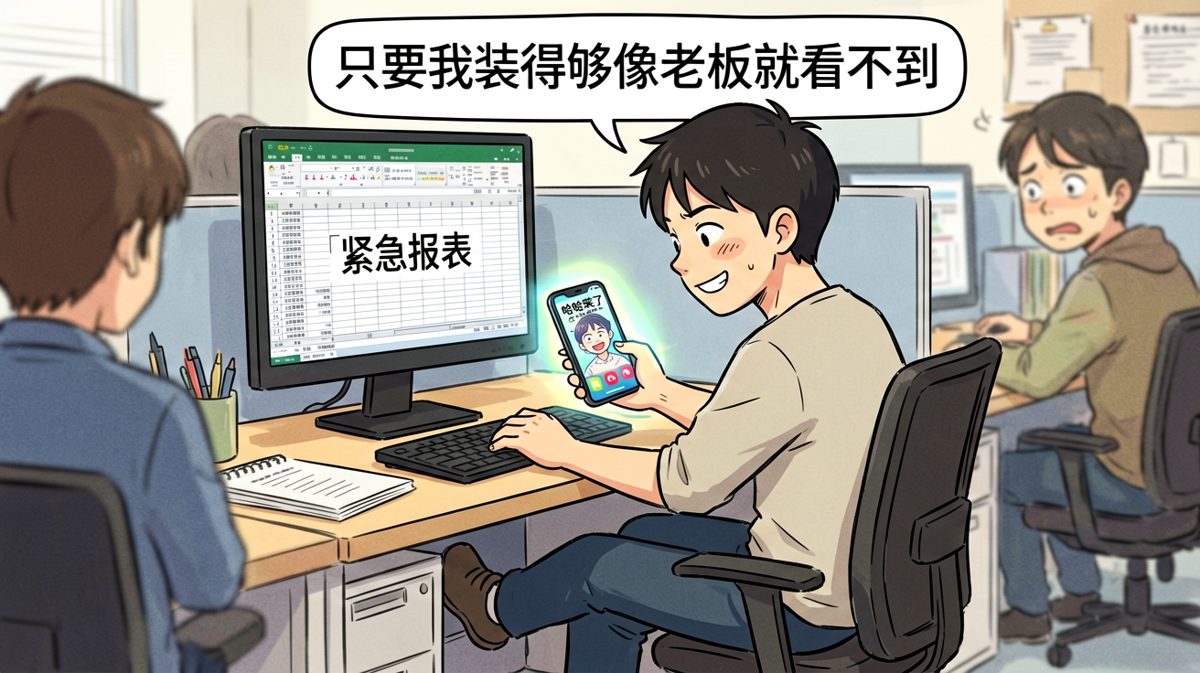 上班摸鱼的高级境界：表面勤恳干活，实际刷短视频。