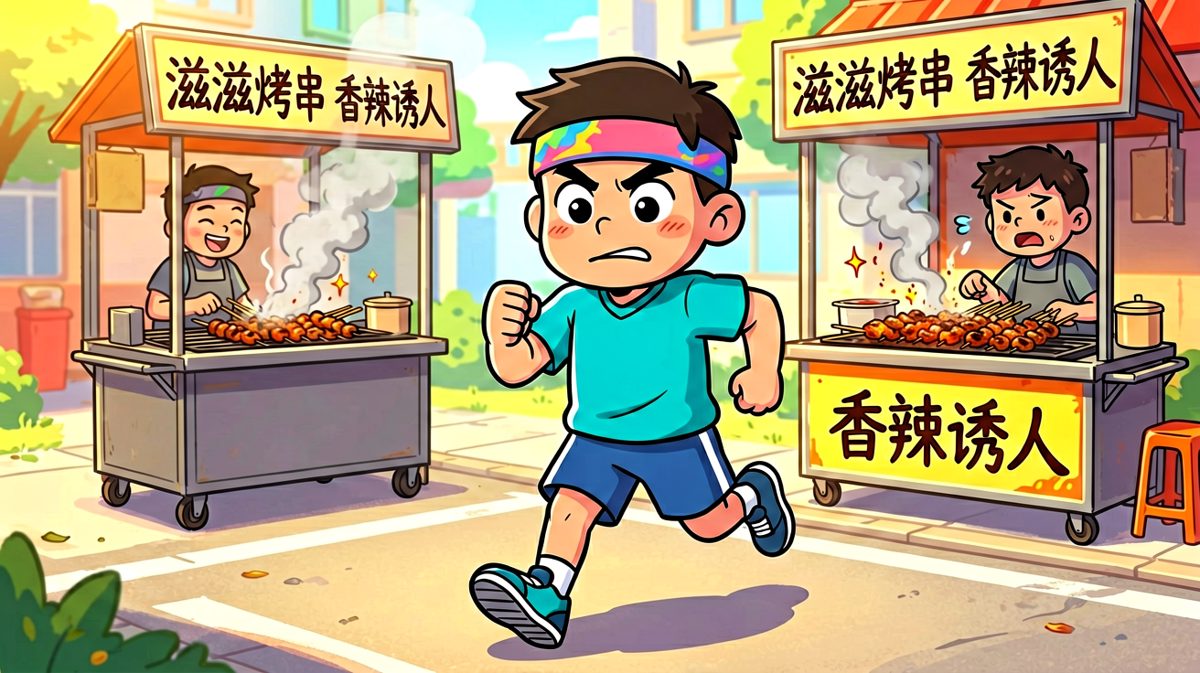 格二：刚出门就遇到烧烤摊的致命诱惑，意志开始动摇。