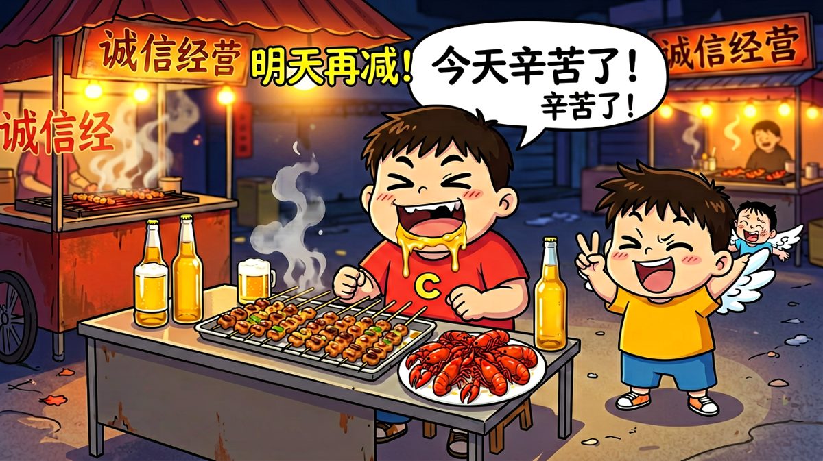 格四：最终投降，一边吃一边安慰自己明天再减。