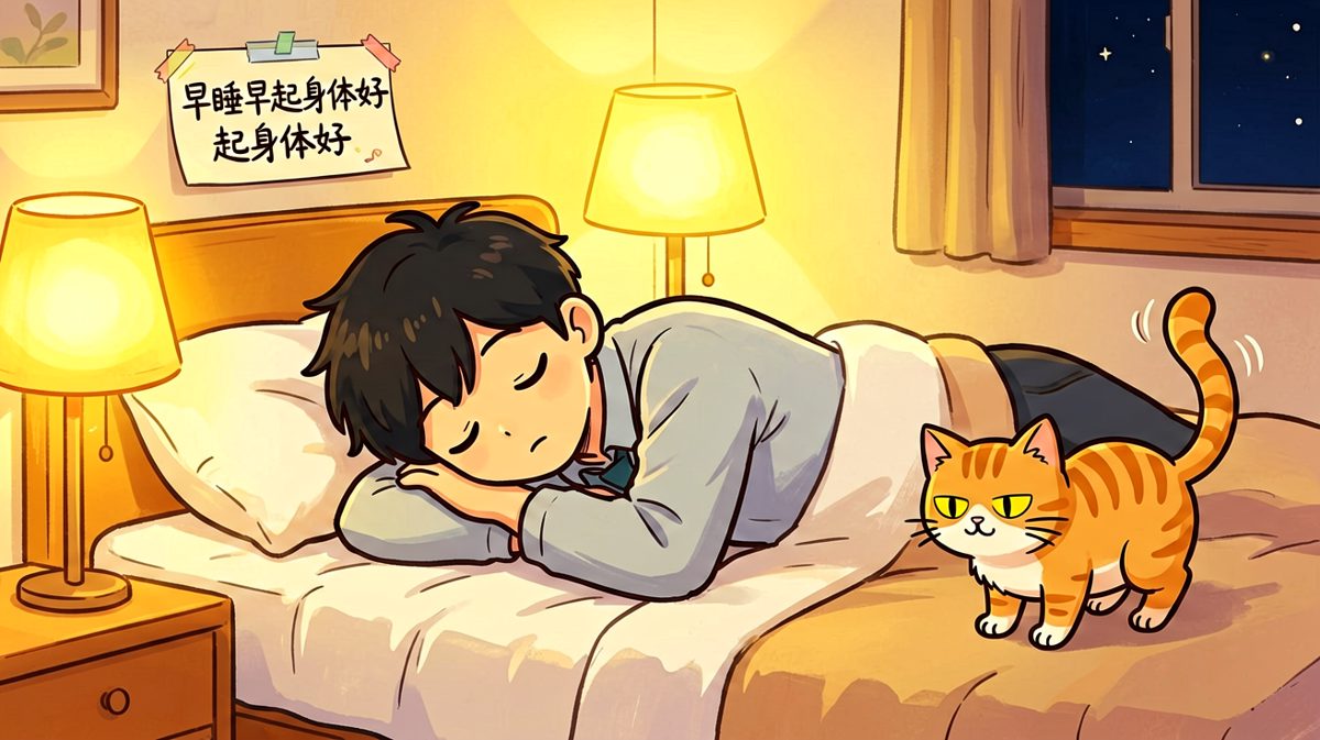 夜晚十点，主人准时躺床准备入睡，橘猫在床尾默默观察目标。