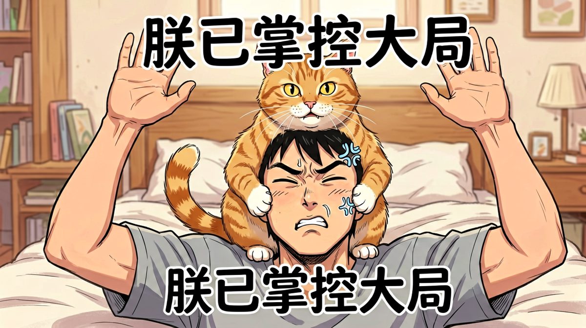 主人被完全压制，橘猫稳坐脸部王座，享受臣民的服侍。