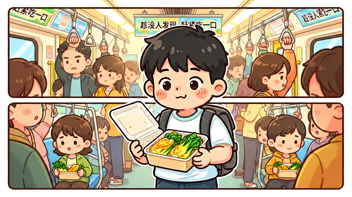 男主趁人多偷偷拿出韭菜盒子，一脸'神不知鬼不觉'的表情