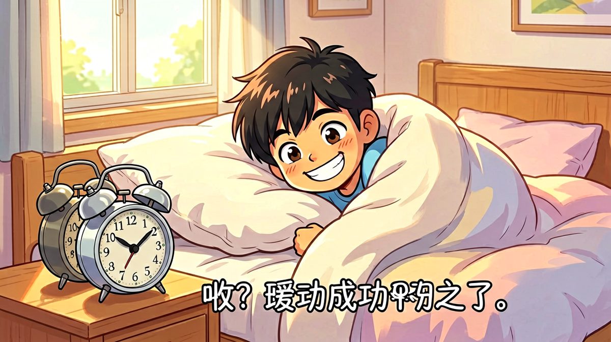 成功消灭闹钟，幸福地滚回被窝继续睡