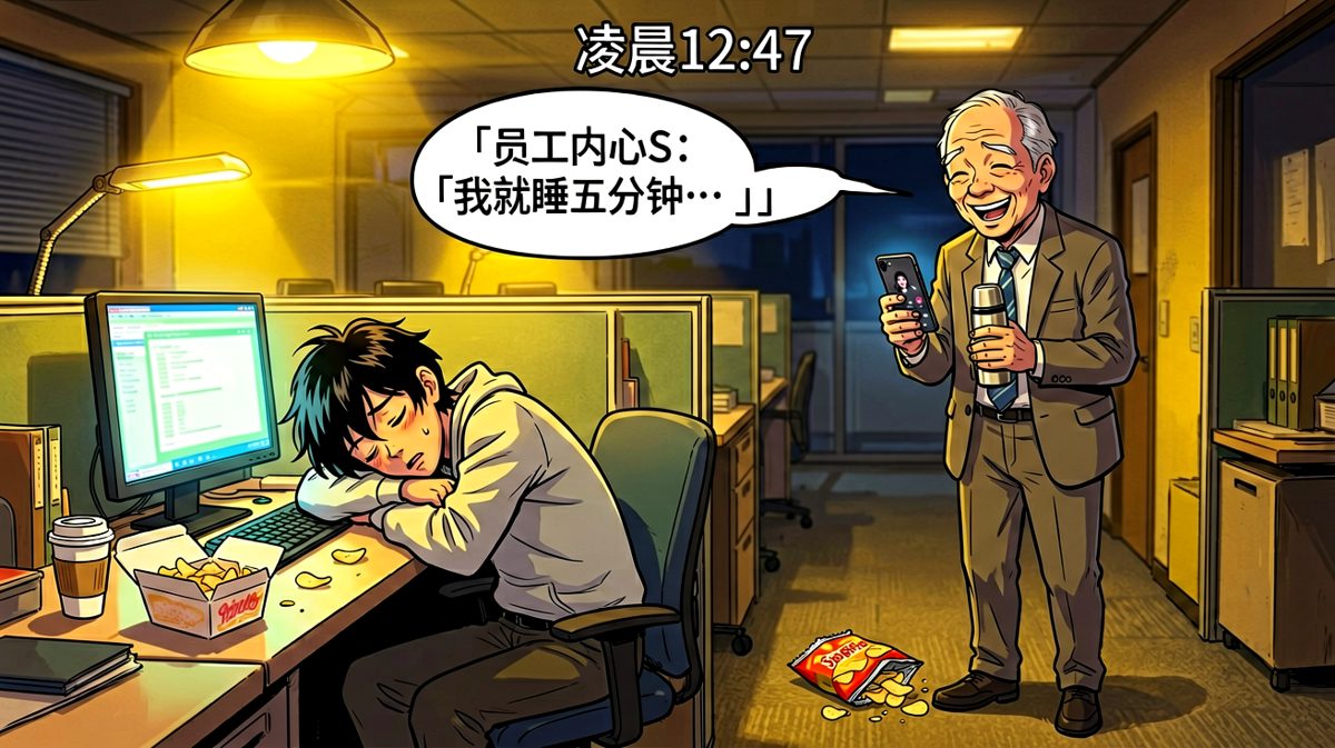 员工以为在加班，老板其实在摸鱼——两人深夜办公室各干各的。