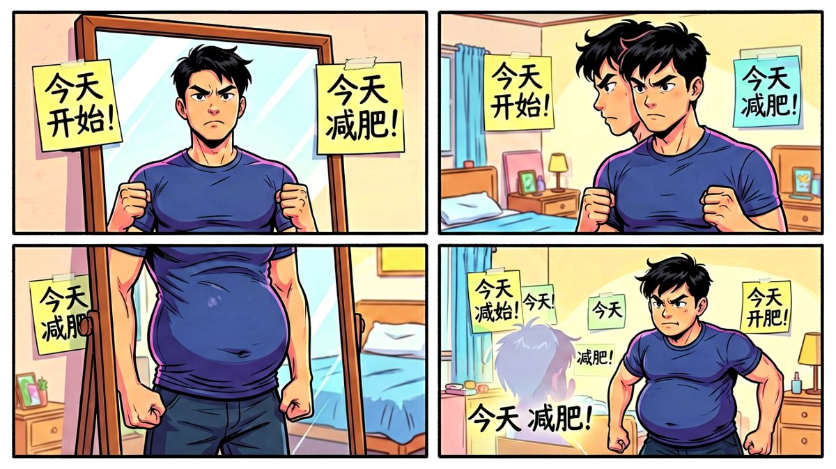 主角下定决心减肥，面对镜子里的自己充满斗志