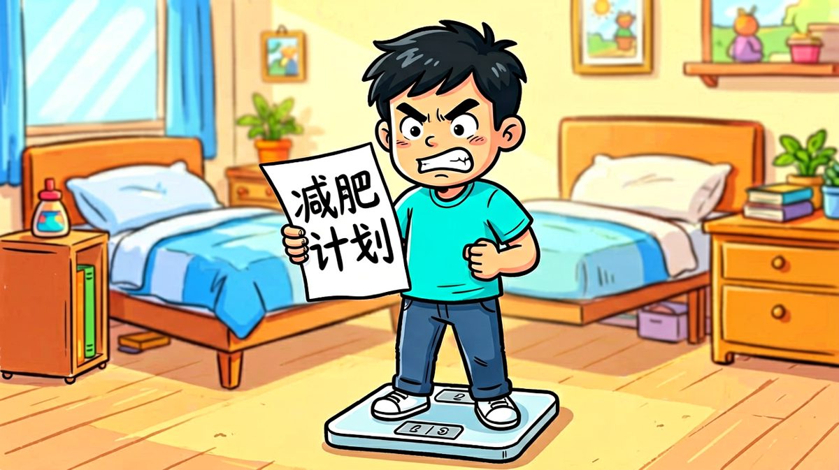 主角下定决心减肥，站在体重秤前狠下决心