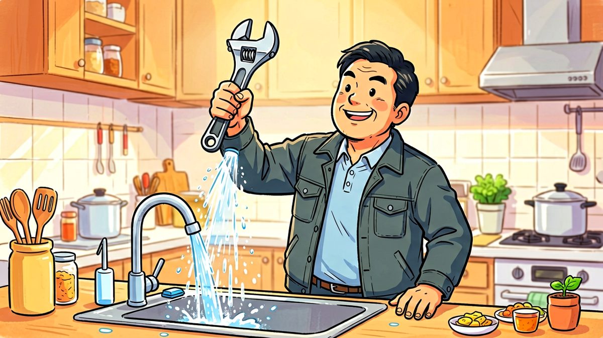第一格：男人看着漏水的水管，自信满满地宣告要自己动手。