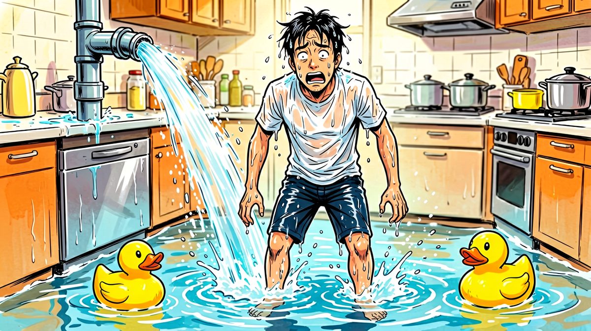 第三格：彻底失控，厨房已成游泳池，男人陷入绝望。