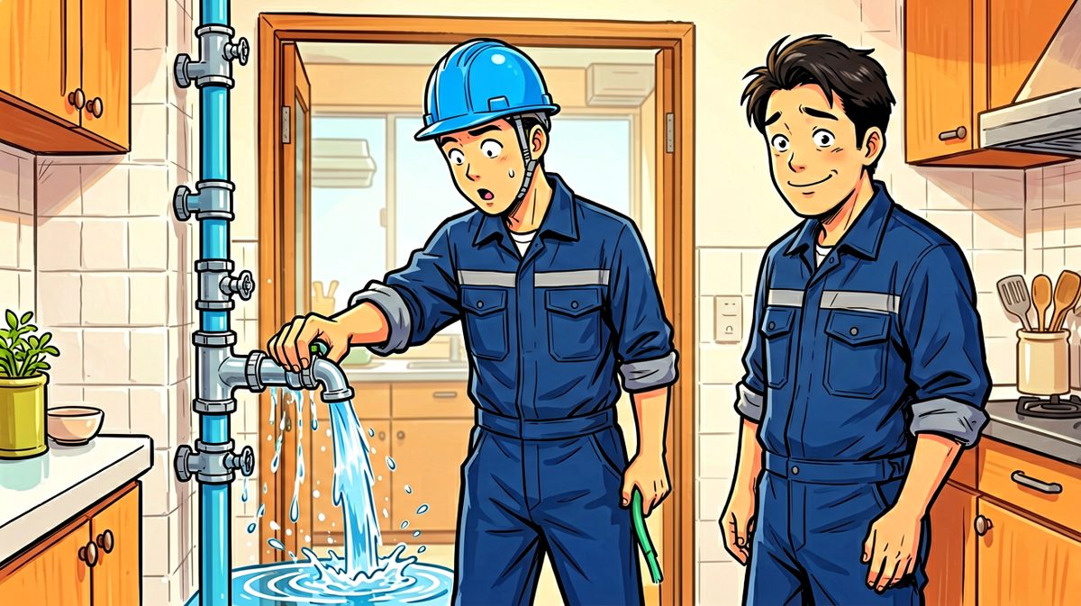 第四格：水管工轻轻一拧问题解决，男人呆若木鸡。