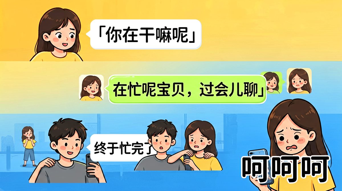 图三是「在忙」之后的真相，男友的表演欲藏不住了