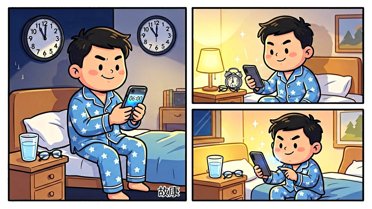 主角信心满满地设置好早起闹钟，准备第二天精神百倍地出门。