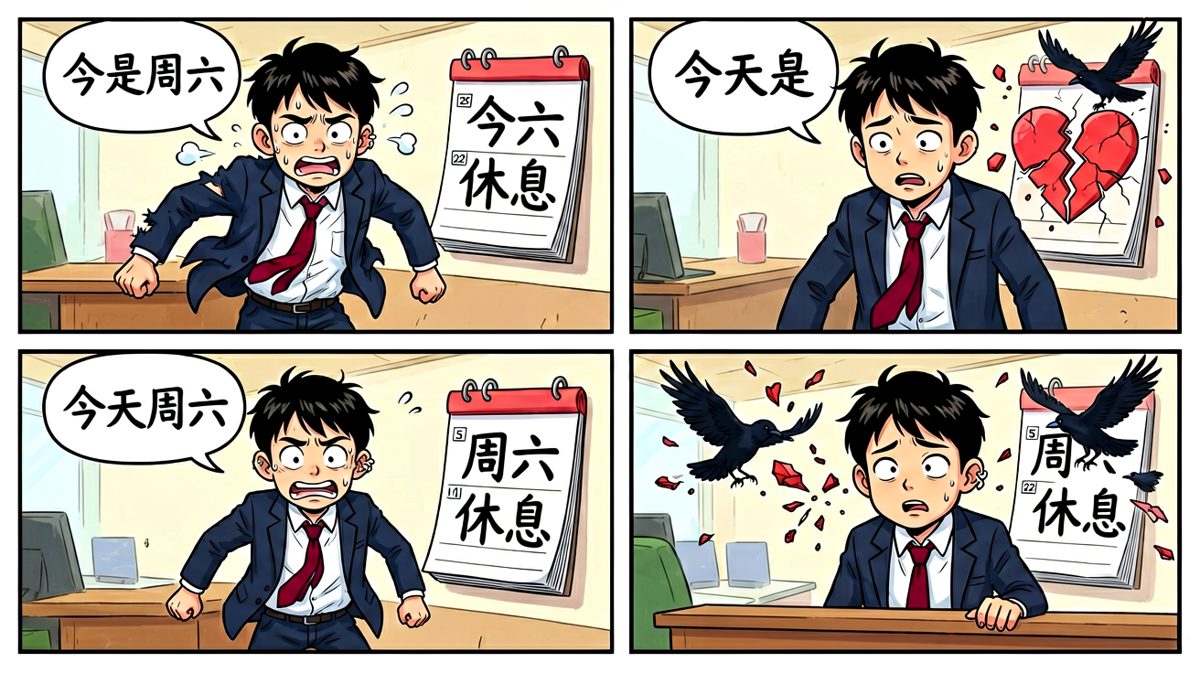 拼尽全力狂奔的结果——今天是周六。原来最大的敌人不是闹钟，是自己的记性。