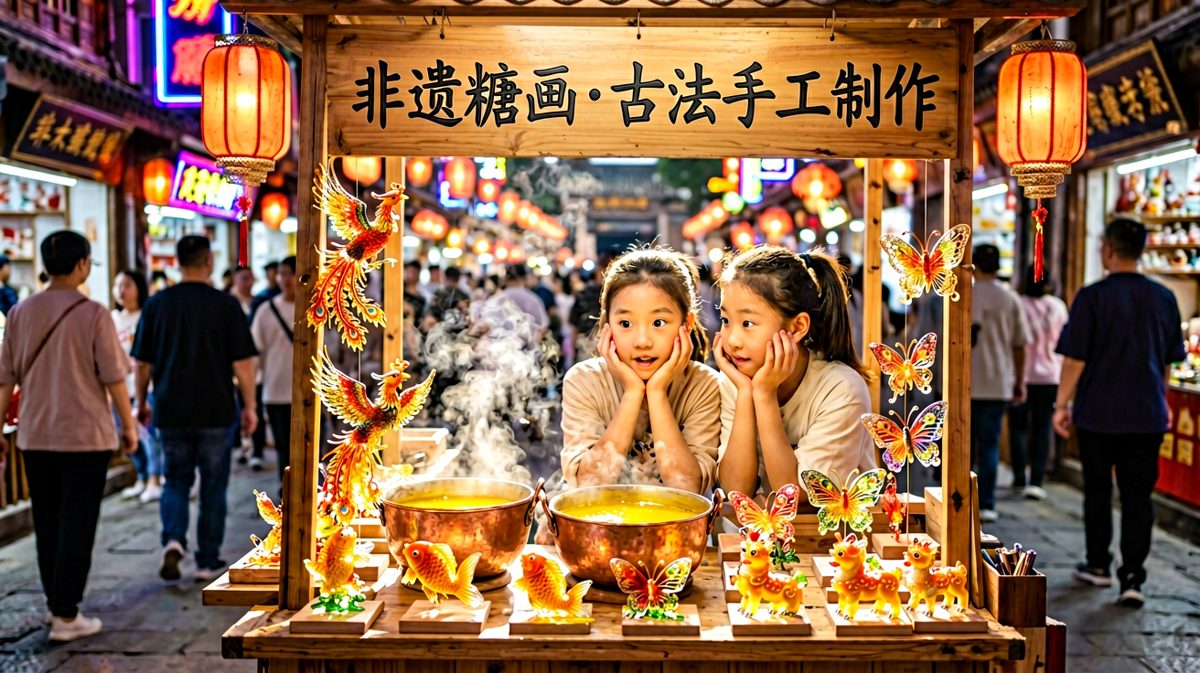 女孩第一次来到非遗糖画摊位前，满眼都是期待