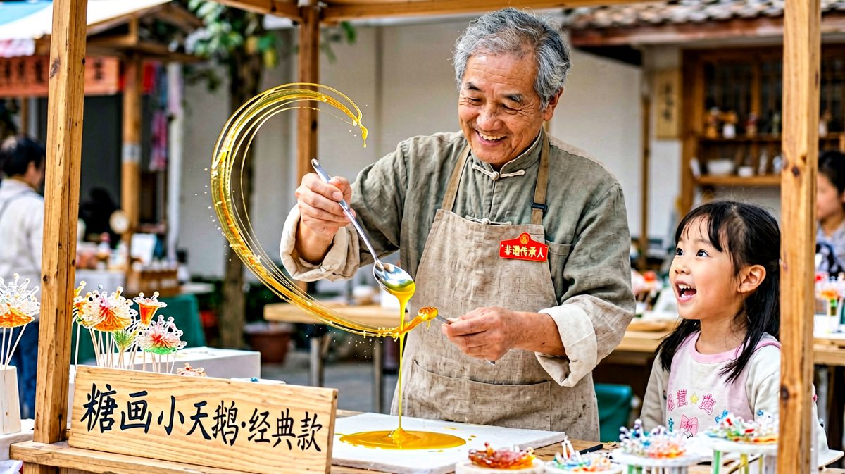 老师傅自信满满地开始制作糖画小天鹅