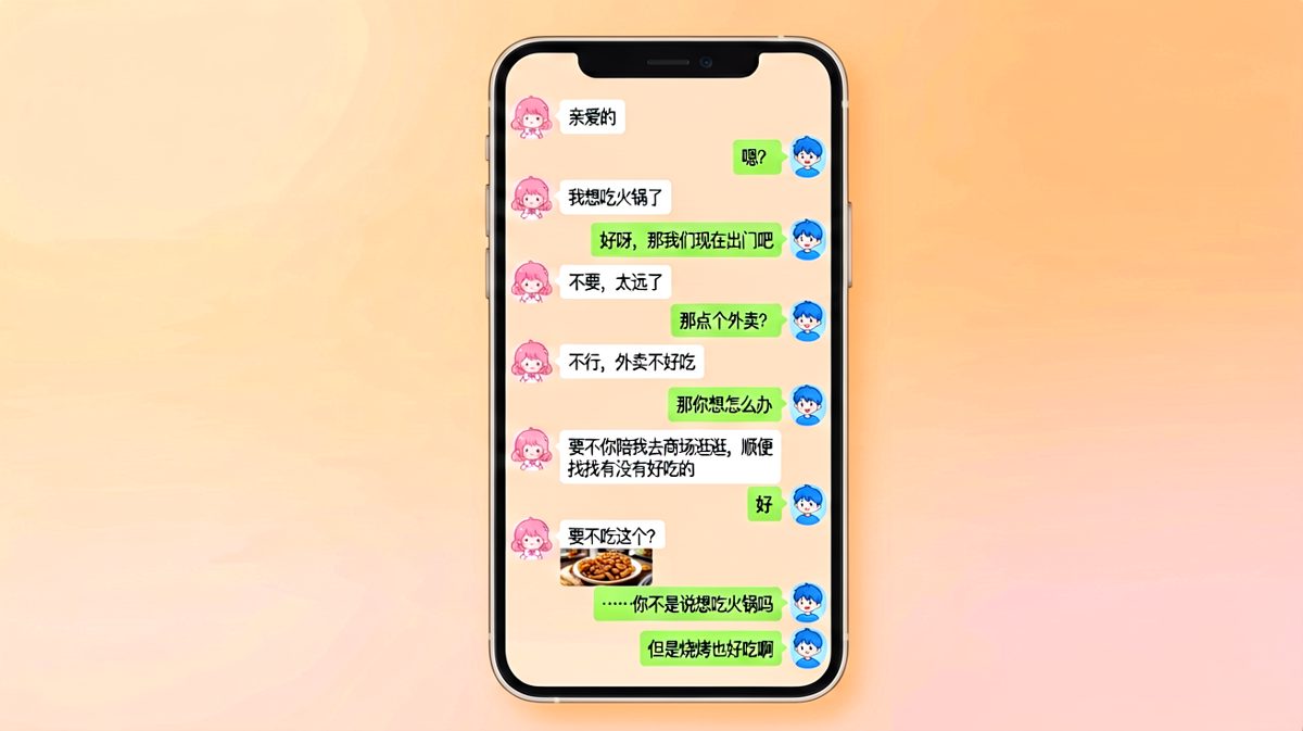 女生说想吃火锅，结果逛着逛着又想去吃烧烤，男生的心路历程写在脸上。