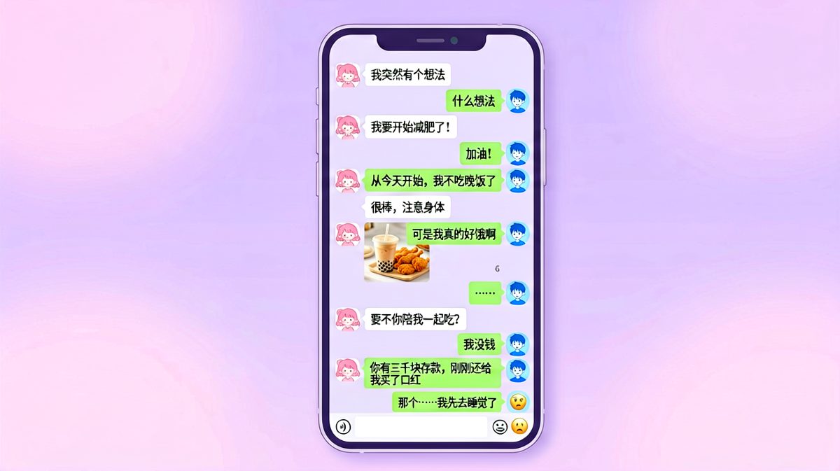 女生发誓减肥不吃晚饭，三小时后发了奶茶炸鸡图片，还试图拉男生下水。