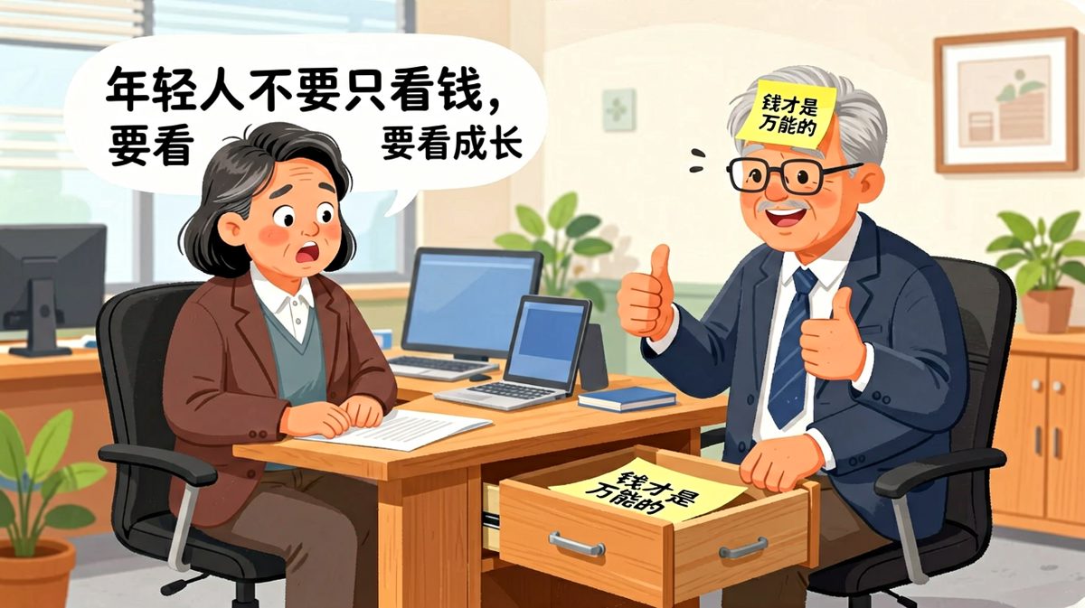 老板说别只看钱，转身却在脑门上贴了一张纸条：钱才是万能的。