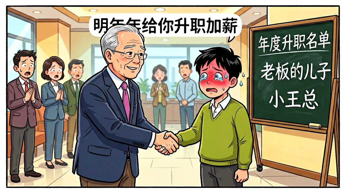 老板许诺升职加薪，结果升职的是他儿子——名单上明明白白写着呢。
