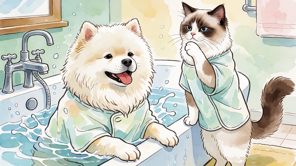 狗狗的噩梦周日：洗澡时间到，而猫在旁边的表情说明了一切。