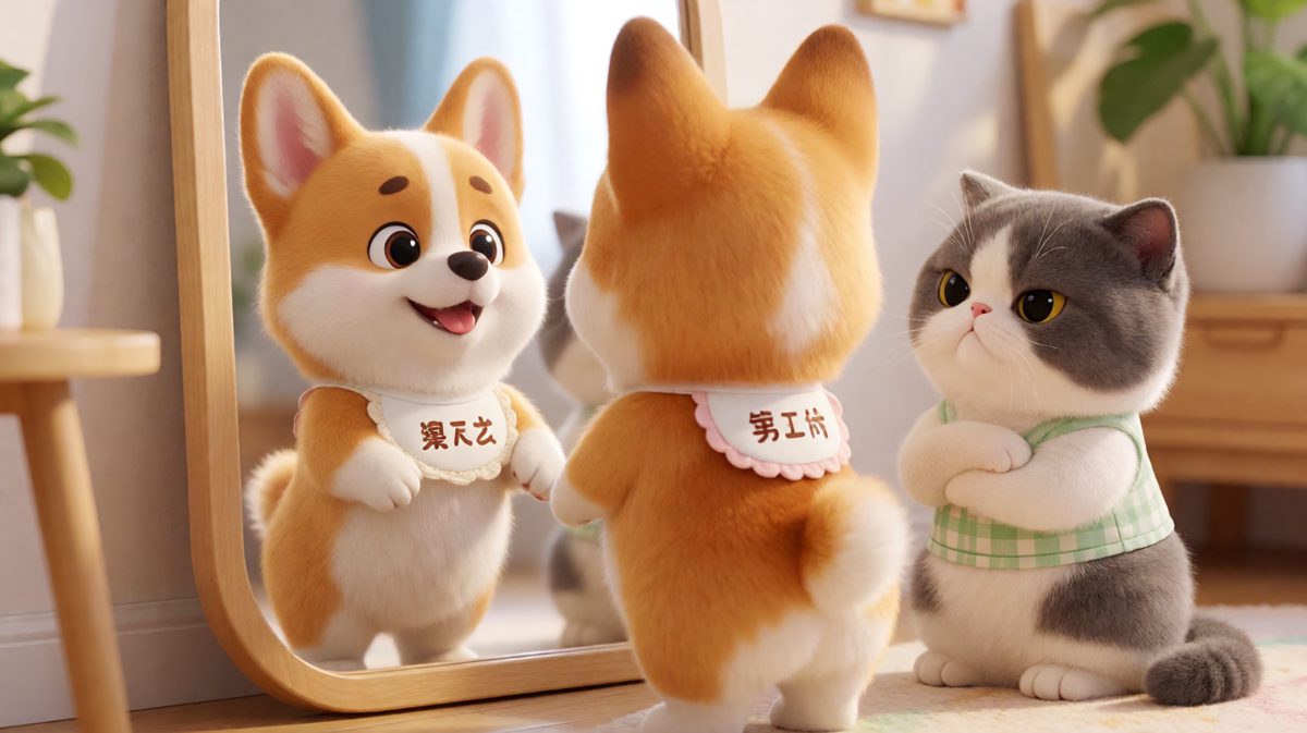 柯基：这个双倍的我是谁？猫：呵，没见过世面的狗。
