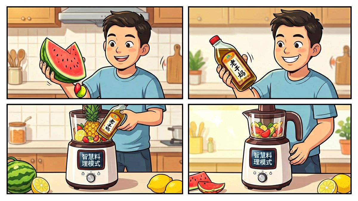 男子决定把所有食材都扔进榨汁机