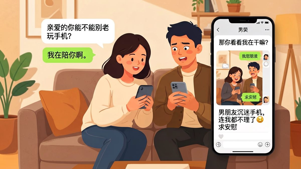 男生以为在陪女友，其实女友早已偷拍发圈，求安慰才是真目的