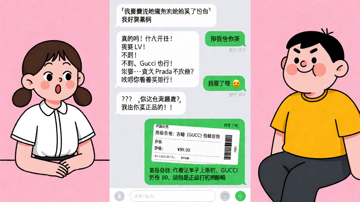 女生要名牌包，男生买了个八十九块的「GUCCI」还说是正品打折。