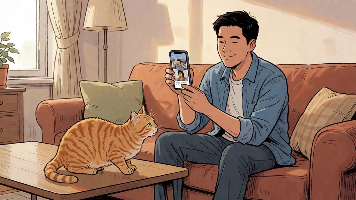 主角周末躺在沙发刷手机，橘猫在一旁围观。