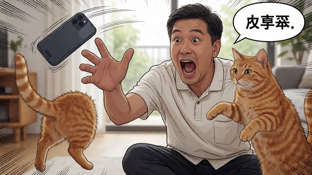 手机突然从手里滑落，猫被吓成了炸毛炸尾的团子。