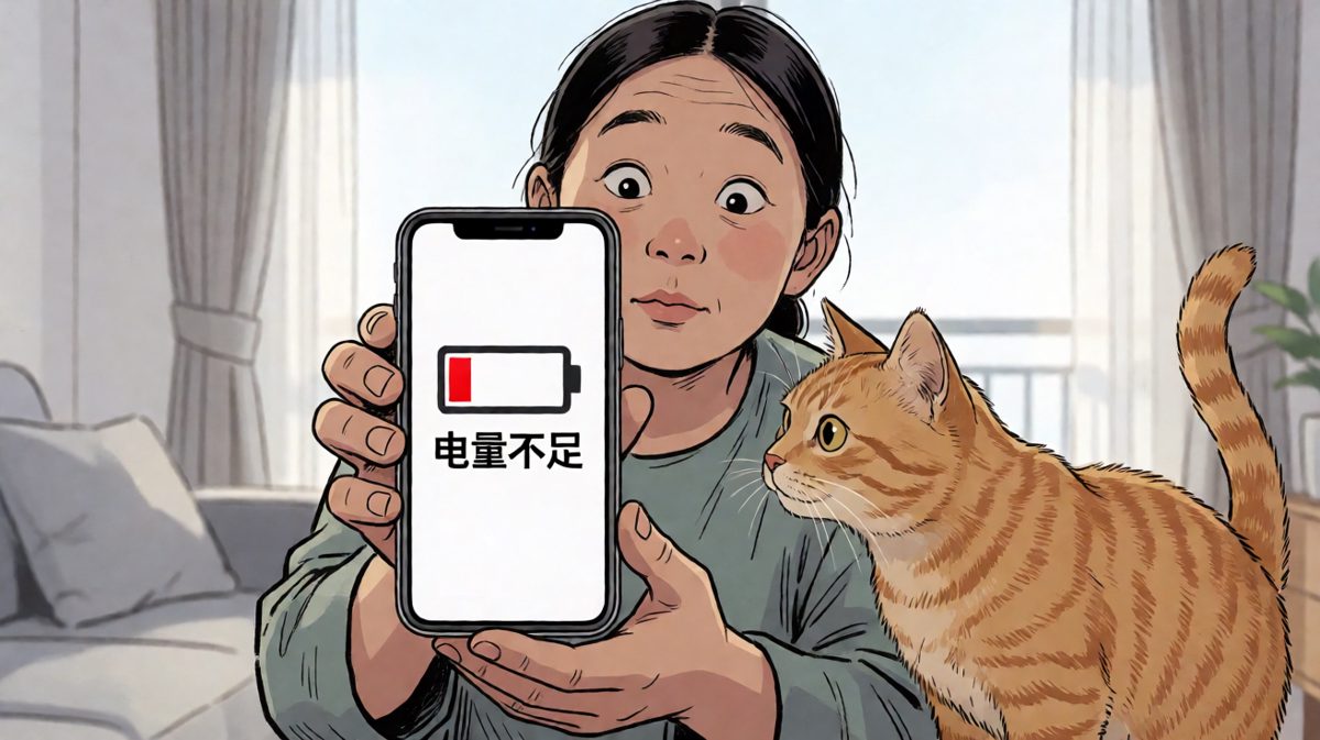 主角和猫都惊恐地盯着屏幕——原来是低电量警告。