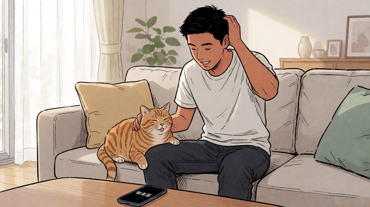 虚惊一场，主角尴尬地挠头，顺手安抚受惊的橘猫。