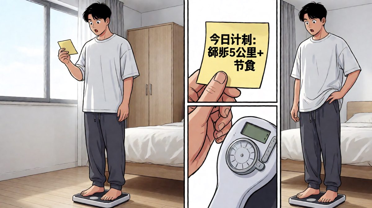 主角看到体重数字后下定决心减肥。
