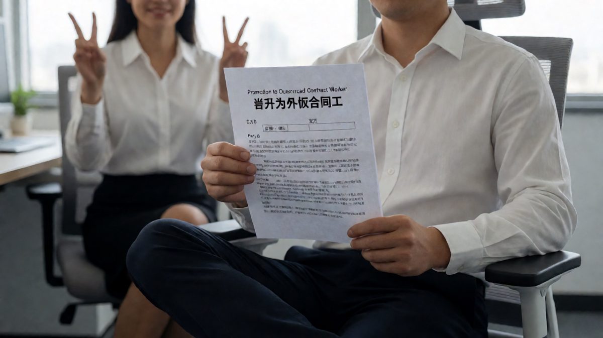 员工低头细看：'外包合同？三年无社保无晋升？'老板眨眼：'这叫扁平化管理。'