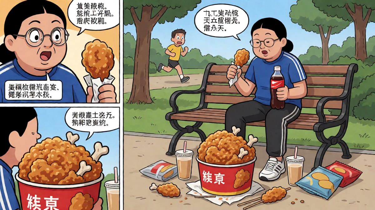 跑到一半体力不支，只能坐在长椅上疯狂补充能量