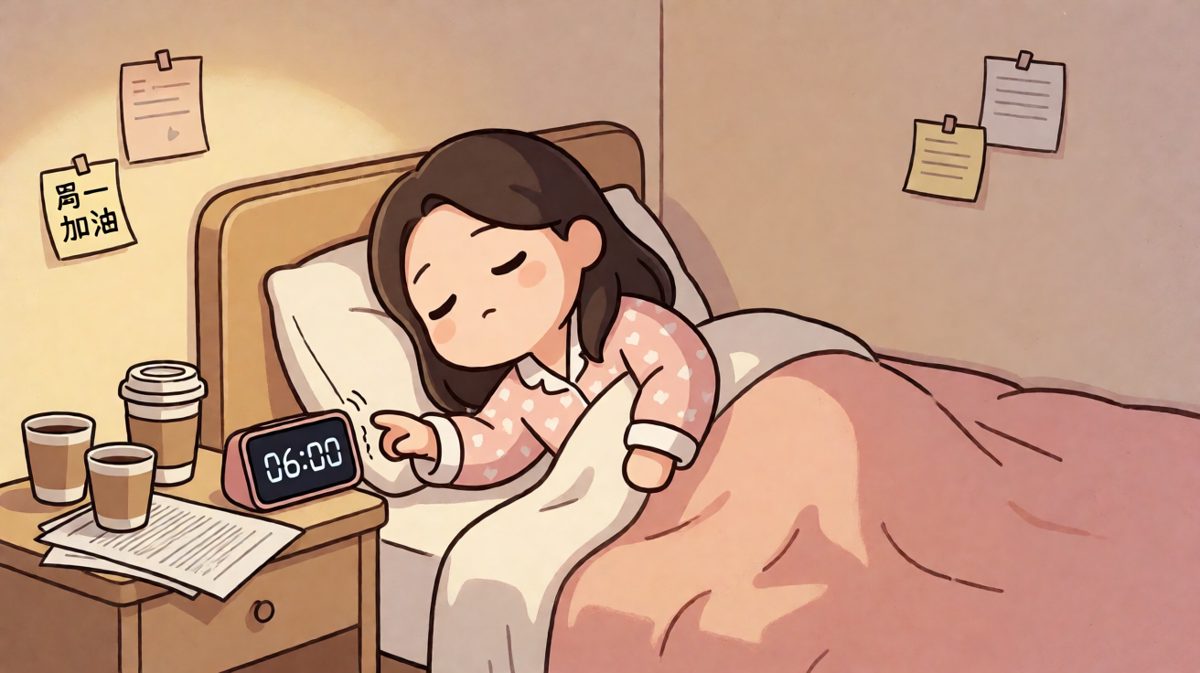 第一格：闹钟响起，主角的选择是再睡五分钟。