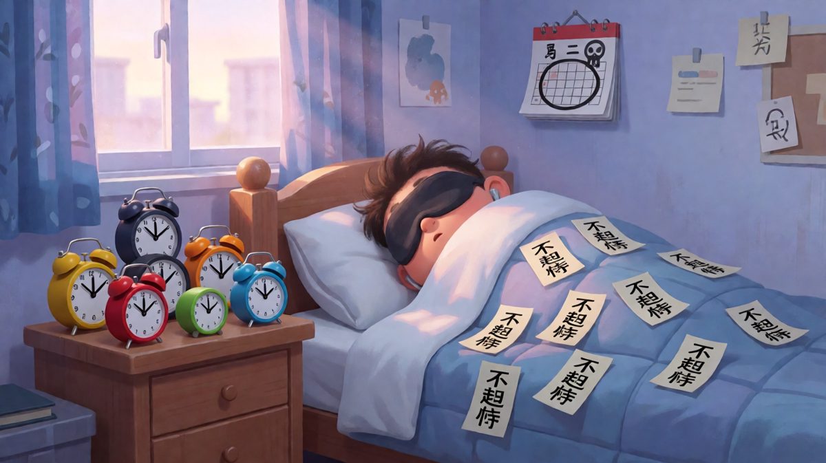 第二格：设了十个闹钟，还是战胜不了被窝。