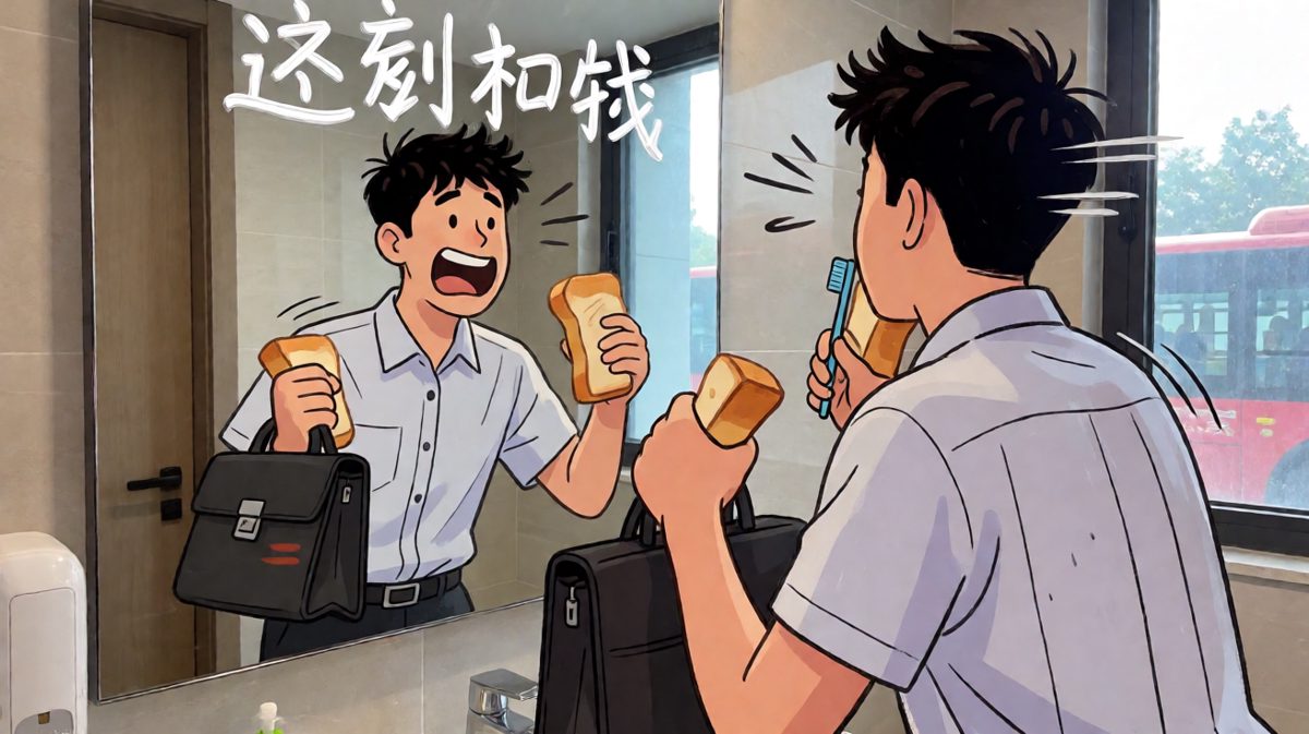 第三格：终于醒来了，开始与迟到赛跑。