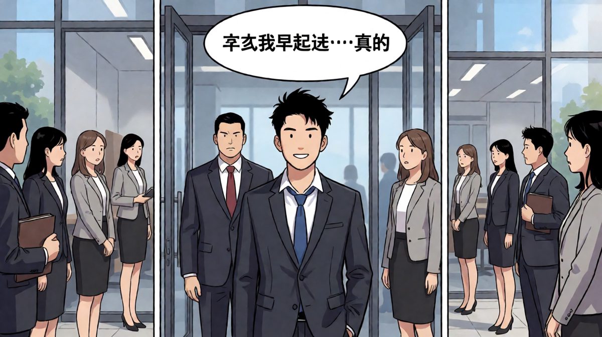 第四格：穿着反装出现在公司，假装一切正常