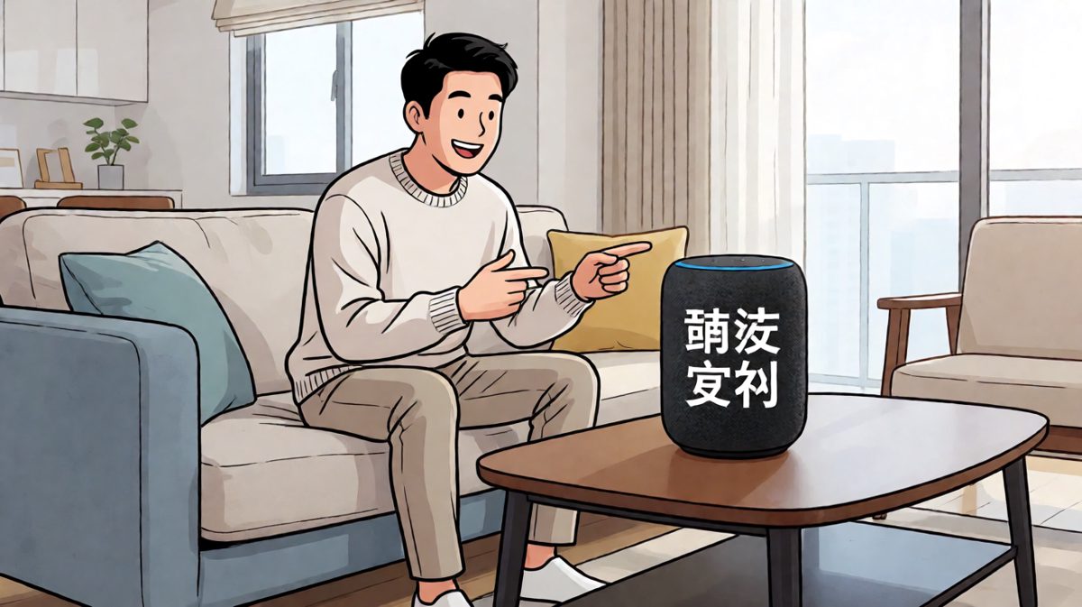 主角自信满满地打开智能音箱准备点外卖
