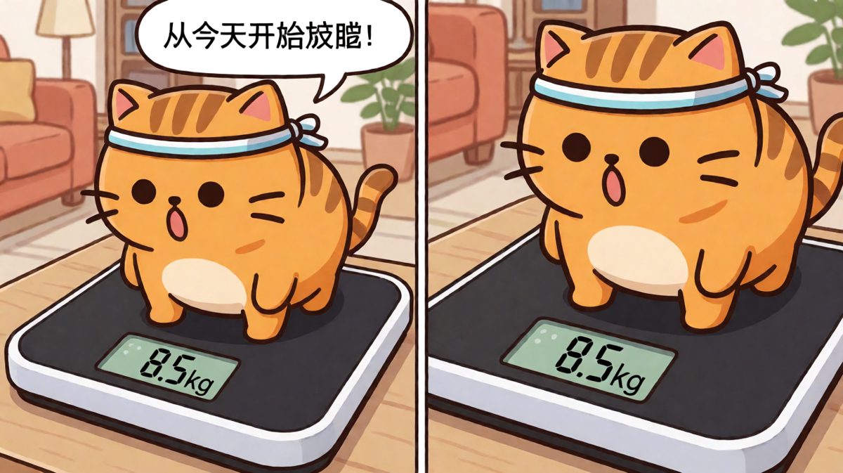 橘猫站上体重秤，被惊人数字吓到跳起来，立誓要减肥。