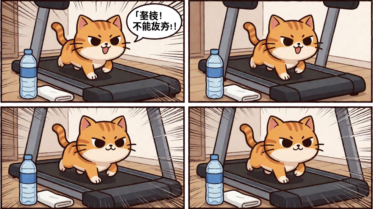 橘猫在跑步机上挥汗如雨，咬牙切齿坚持锻炼。