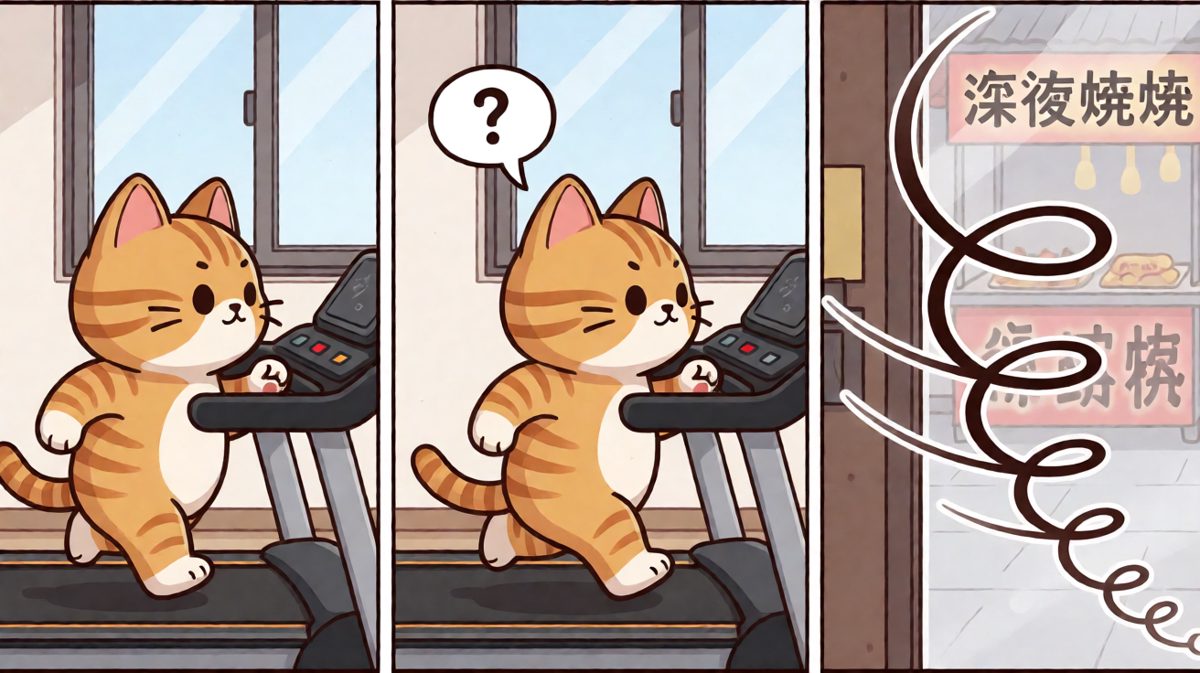 跑步时闻到隔壁烧烤摊的香味，橘猫的脚步开始不坚定了。