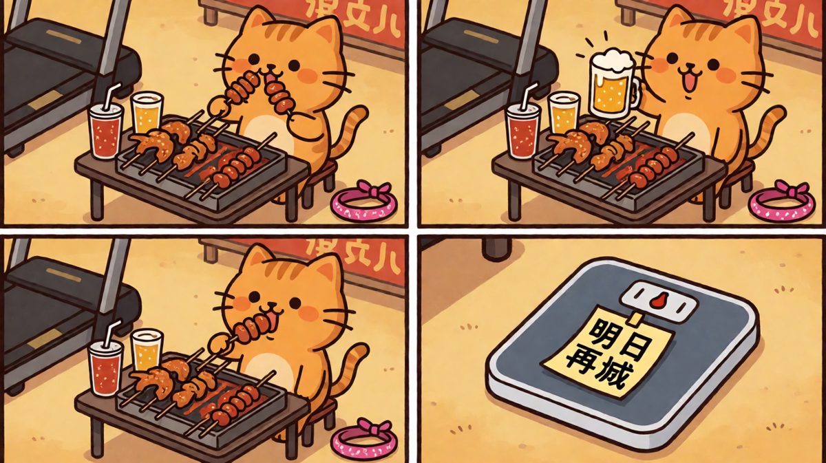 橘猫彻底投降，坐在烧烤摊前大快朵颐，体重秤上贴着「明日再减」。
