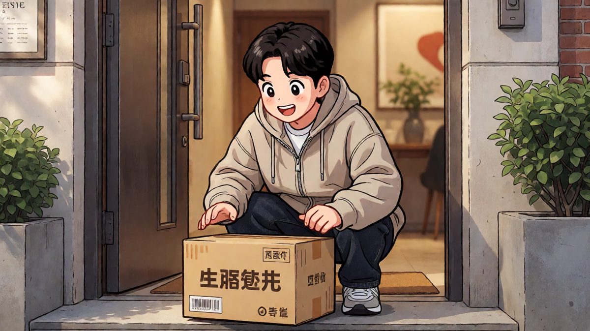 收到心心念念的快递，主角满脸期待地蹲在门前。