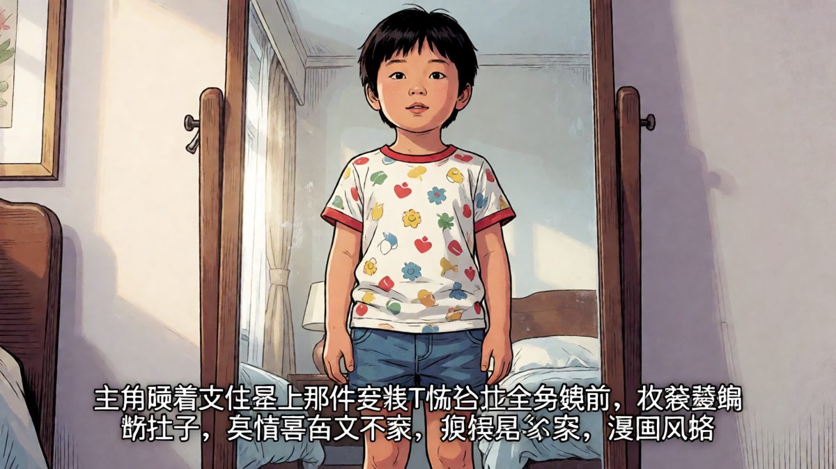 试穿后完全不合身，主角对着镜子欲哭无泪。