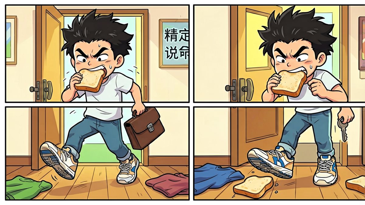 手忙脚乱冲出家门，鞋都穿反了浑然不知。